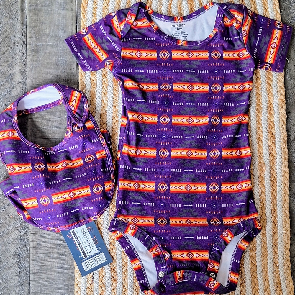 Nutrendz Purple and Orange Patterned Kids One Piece With Hat And Bib